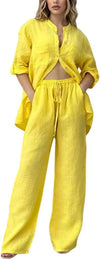 Women's Cotton Linen 2 Piece Outfits Rolled Up Sleeve Button Down Shirt and Wide leg Pants Set