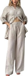 Women's Cotton Linen 2 Piece Outfits Rolled Up Sleeve Button Down Shirt and Wide leg Pants Set