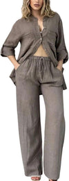 Women's Cotton Linen 2 Piece Outfits Rolled Up Sleeve Button Down Shirt and Wide leg Pants Set