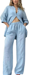Women's Cotton Linen 2 Piece Outfits Rolled Up Sleeve Button Down Shirt and Wide leg Pants Set