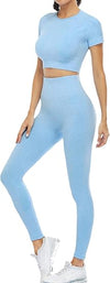 2 Piece Short Sleeve Outfits for Women Seamless Crop Tops Set for Women Workout Set