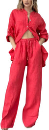 Women's Cotton Linen 2 Piece Outfits Rolled Up Sleeve Button Down Shirt and Wide leg Pants Set