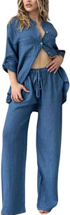 Women's Cotton Linen 2 Piece Outfits Rolled Up Sleeve Button Down Shirt and Wide leg Pants Set