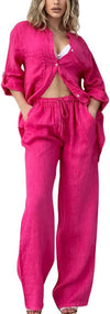 Women's Cotton Linen 2 Piece Outfits Rolled Up Sleeve Button Down Shirt and Wide leg Pants Set
