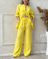 Women's Cotton Linen 2 Piece Outfits Rolled Up Sleeve Button Down Shirt and Wide leg Pants Set